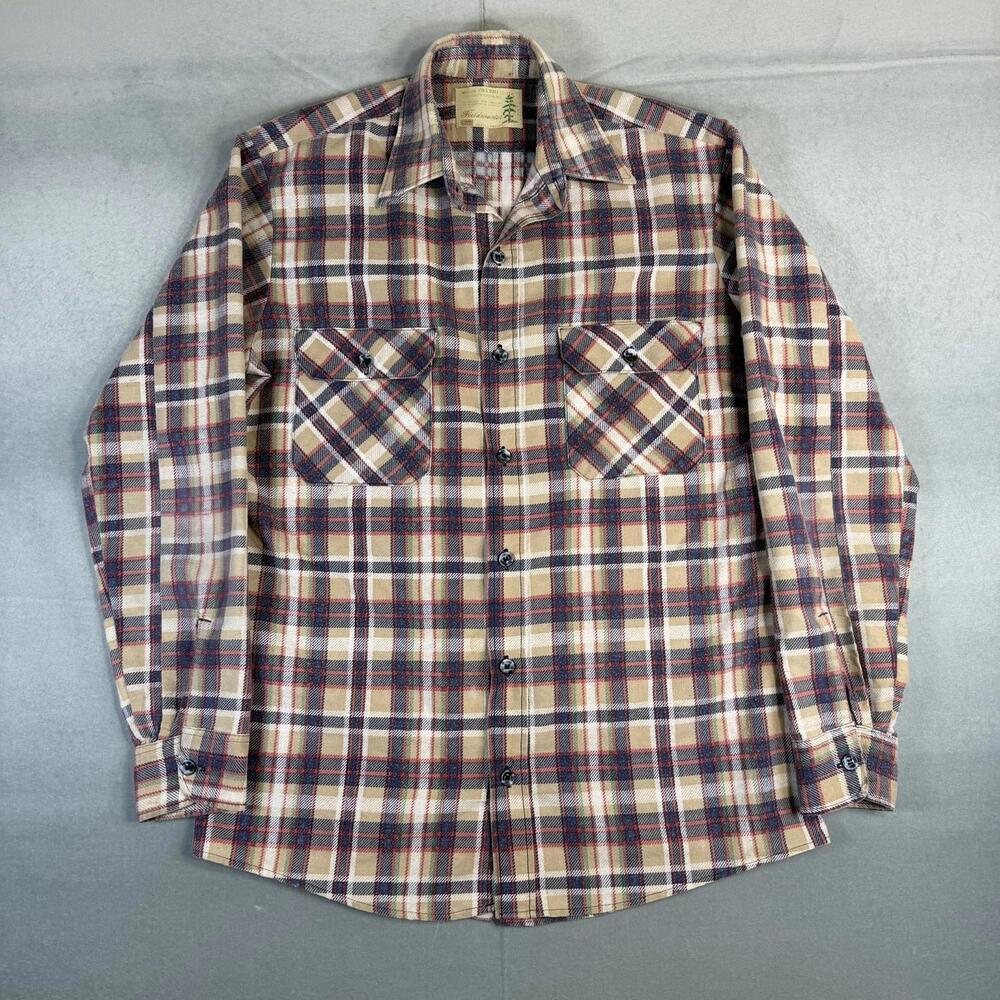 Vintage 80s Sears Fieldmaster Flannel Shirt Mens Medium Tall Plaid Blue Beige